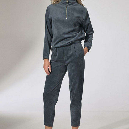 Chic Beige Corduroy Collared Sweatshirt with Trendy Zipper Detail