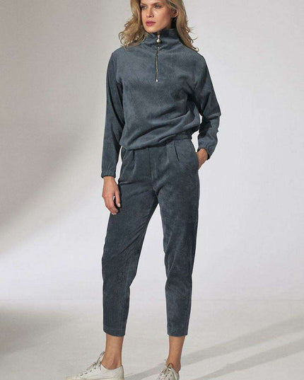 Chic Beige Corduroy Collared Sweatshirt with Trendy Zipper Detail