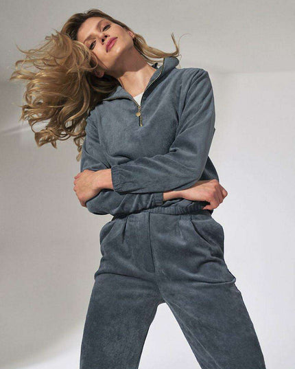 Chic Beige Corduroy Collared Sweatshirt with Trendy Zipper Detail