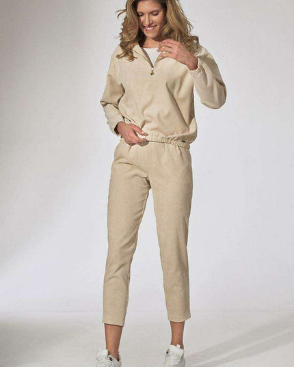 Chic Beige Corduroy Collared Sweatshirt with Trendy Zipper Detail