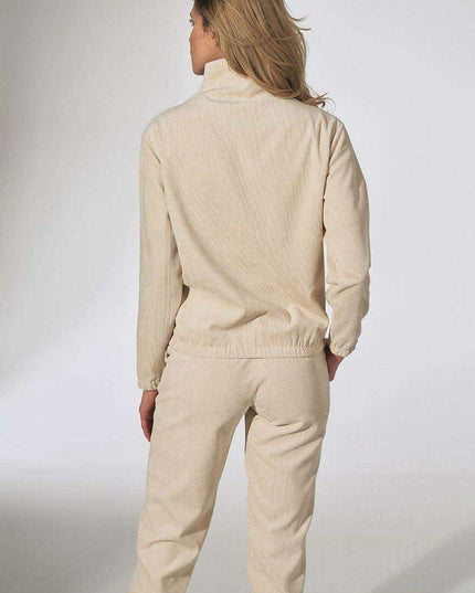 Chic Beige Corduroy Collared Sweatshirt with Trendy Zipper Detail