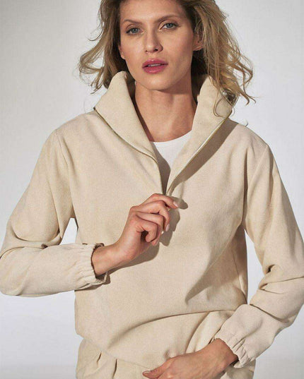 Chic Beige Corduroy Collared Sweatshirt with Trendy Zipper Detail