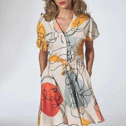 Floral Chic Kimono Mini Dress with Adjustable Waist and Stylish Patches
