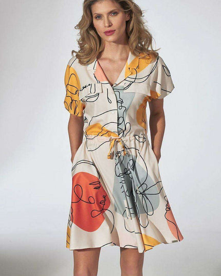 Floral Chic Kimono Mini Dress with Adjustable Waist and Stylish Patches