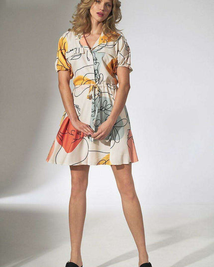 Floral Chic Kimono Mini Dress with Adjustable Waist and Stylish Patches