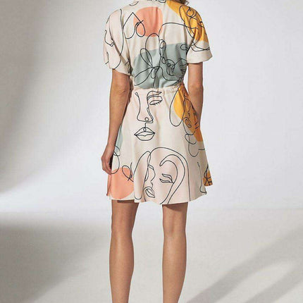 Floral Chic Kimono Mini Dress with Adjustable Waist and Stylish Patches