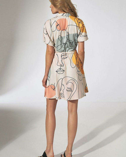 Floral Chic Kimono Mini Dress with Adjustable Waist and Stylish Patches