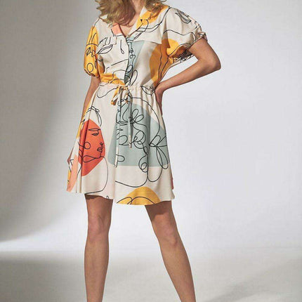 Floral Chic Kimono Mini Dress with Adjustable Waist and Stylish Patches