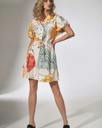 Floral Chic Kimono Mini Dress with Adjustable Waist and Stylish Patches