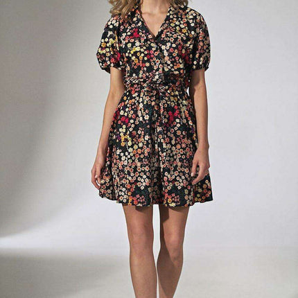 Floral Chic Kimono Mini Dress with Adjustable Waist and Stylish Patches