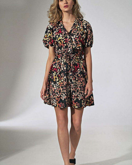 Floral Chic Kimono Mini Dress with Adjustable Waist and Stylish Patches