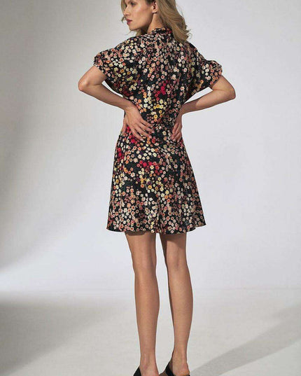 Floral Chic Kimono Mini Dress with Adjustable Waist and Stylish Patches