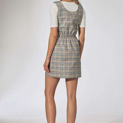 Chic Checkered Midi Dress with Stylish Braces and Functional Pockets