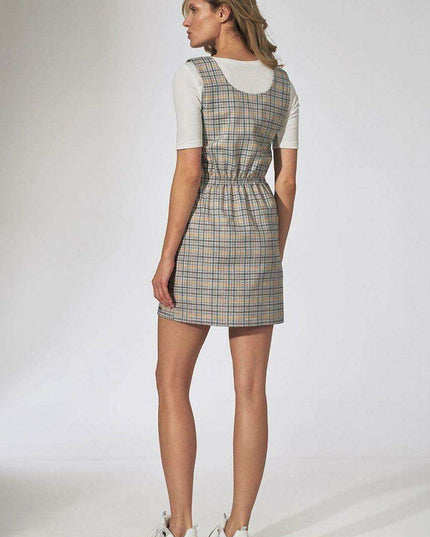 Chic Checkered Midi Dress with Stylish Braces and Functional Pockets