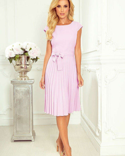 Elegant Beige Pleated Day Dress with Waist Belt