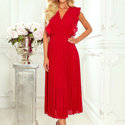 Elegant Beige Chiffon Pleated Cocktail Dress with Ruffled Shoulders