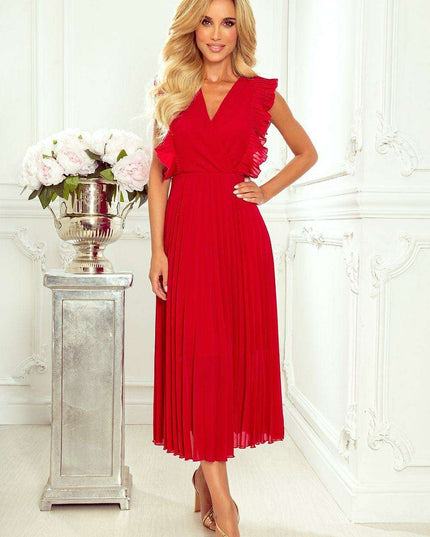 Elegant Beige Chiffon Pleated Cocktail Dress with Ruffled Shoulders