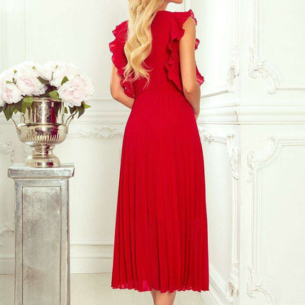 Elegant Beige Chiffon Pleated Cocktail Dress with Ruffled Shoulders