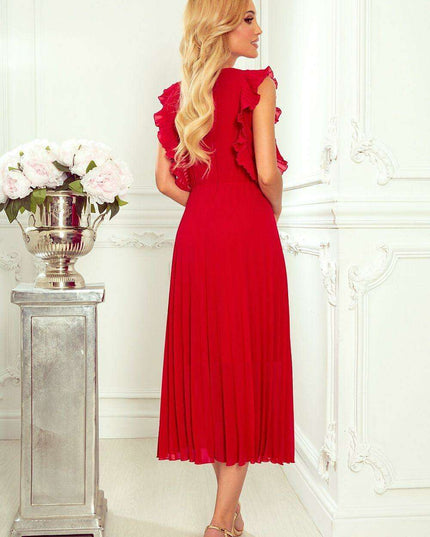 Elegant Beige Chiffon Pleated Cocktail Dress with Ruffled Shoulders