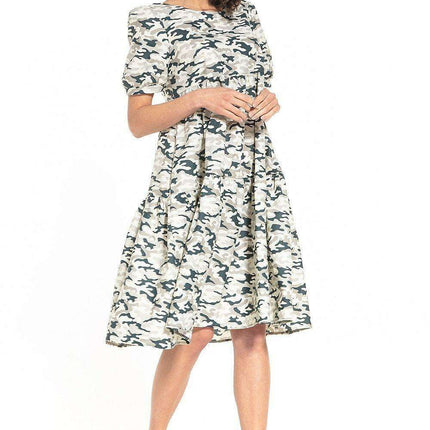 Floral Midi Dress with Elegant Boat Neck and Trendy Puff Sleeves
