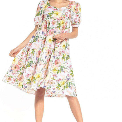 Floral Midi Dress with Elegant Boat Neck and Trendy Puff Sleeves
