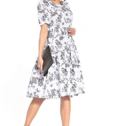 Floral Midi Dress with Elegant Boat Neck and Trendy Puff Sleeves