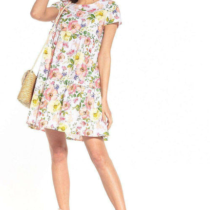 Charming Floral Boat Neck Mini Dress - 100% Cotton, Multiple Sizes Available