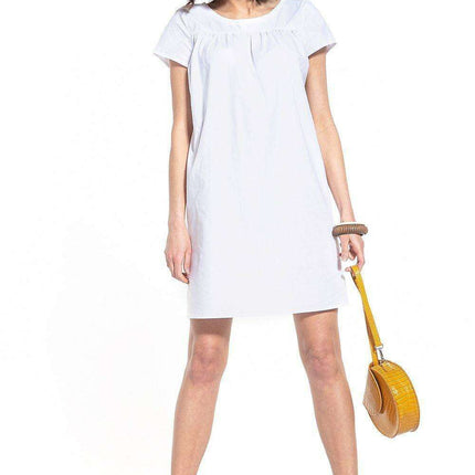 Elegant Cotton Mini Dress with Boat Neck and Trendy Details