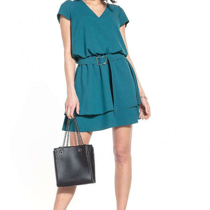 Elegant Layered Skirt Mini Dress with Scoop Neck and Belt