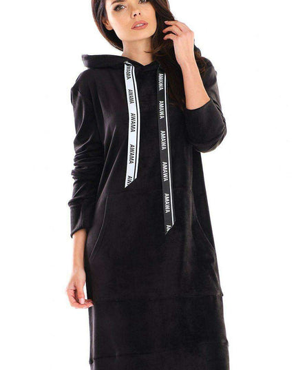 Elegant Velour Midi Dress with Handy Front Pocket