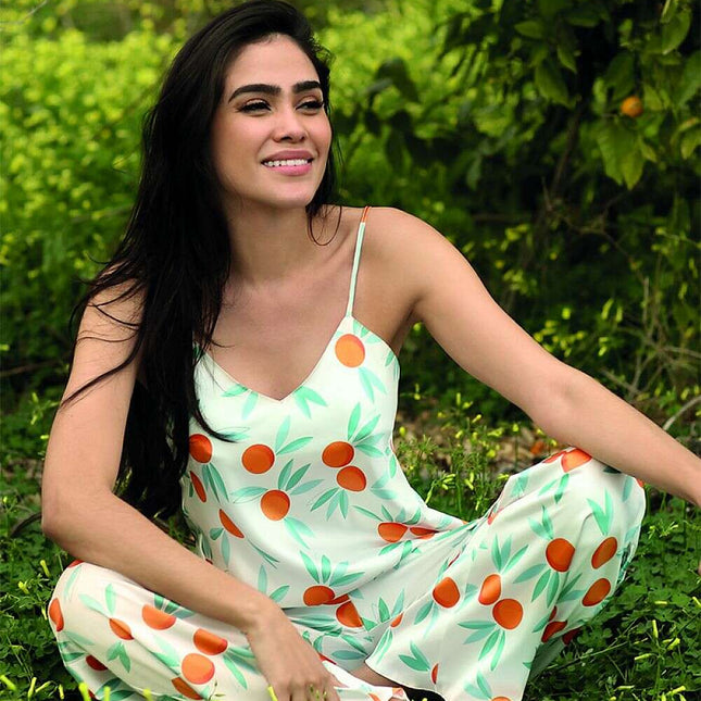 Two Piece Satin Pajama Set – Adjustable Straps & Elegant Neckline