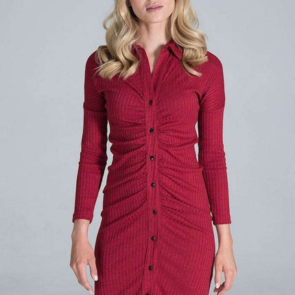 Elegant Pleated Ribbed Knit Midi Dress with Collar and Long Sleeves