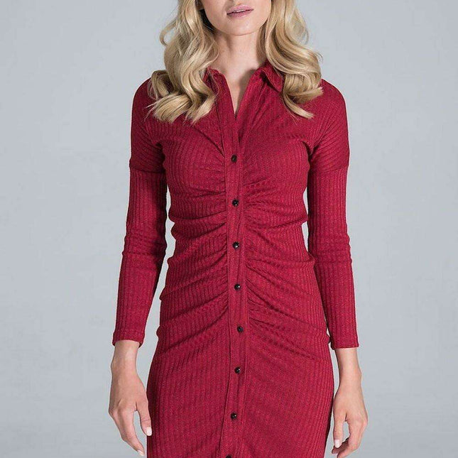 Elegant Pleated Ribbed Knit Midi Dress with Collar and Long Sleeves