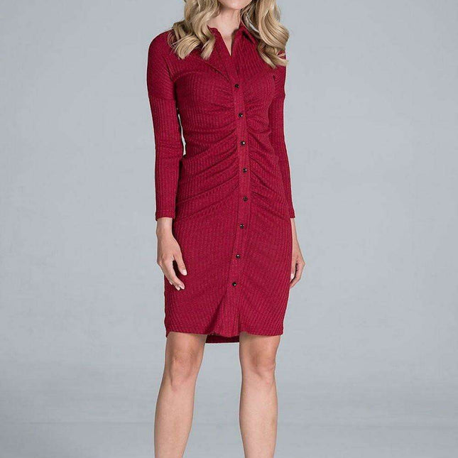 Elegant Pleated Ribbed Knit Midi Dress with Collar and Long Sleeves
