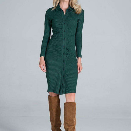 Elegant Pleated Ribbed Knit Midi Dress with Collar and Long Sleeves