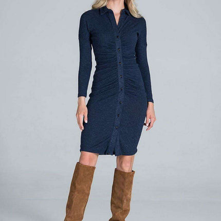 Elegant Pleated Ribbed Knit Midi Dress with Collar and Long Sleeves