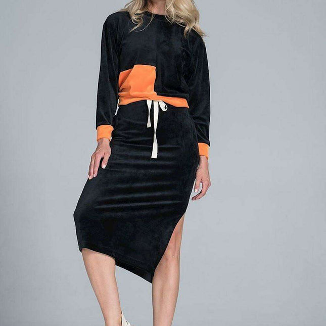 Elegant Velvet Ensemble with Long-Sleeve Top and Slit Skirt