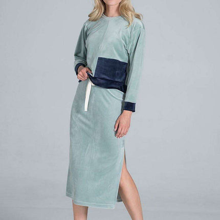 Elegant Velvet Ensemble with Long-Sleeve Top and Slit Skirt