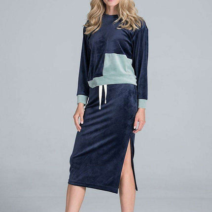 Elegant Velvet Ensemble with Long-Sleeve Top and Slit Skirt