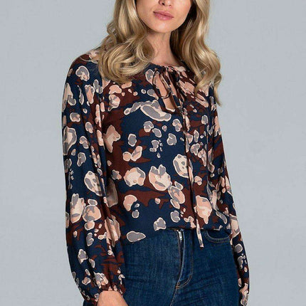 Adjustable Neckline Cotton Blouse with Elegant Elastic Sleeves