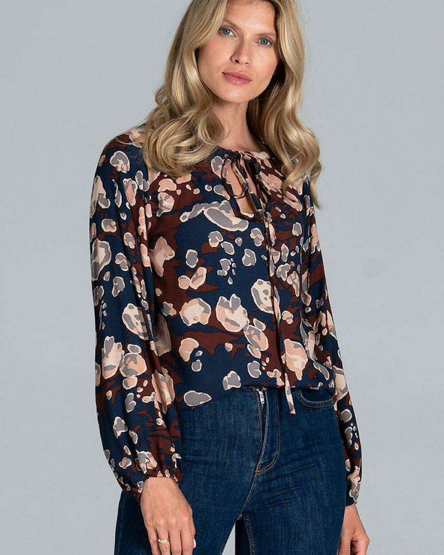 Adjustable Neckline Cotton Blouse with Elegant Elastic Sleeves