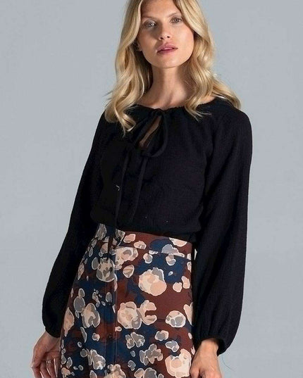 Adjustable Neckline Cotton Blouse with Elegant Elastic Sleeves