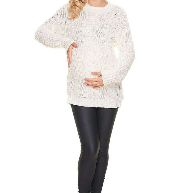 Stylish Maternity Knit Sweater - Beautifully Braided Front & Sophisticated Stand-Up Collar