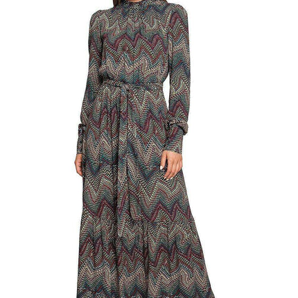 Chic Aztec Print Ruffle Maxi Dress with Stand-up Collar