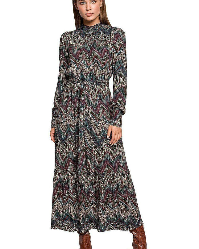 Chic Aztec Print Ruffle Maxi Dress with Stand-up Collar
