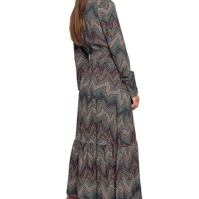 Chic Aztec Print Ruffle Maxi Dress with Stand-up Collar