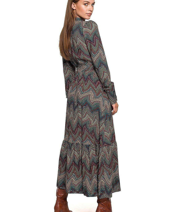 Chic Aztec Print Ruffle Maxi Dress with Stand-up Collar