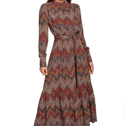 Chic Aztec Print Ruffle Maxi Dress with Stand-up Collar - Très Elite