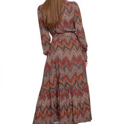 Chic Aztec Print Ruffle Maxi Dress with Stand-up Collar - Très Elite