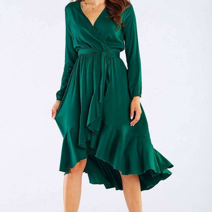 Elegant Ruffled Viscose Evening Gown with Stylish Details
